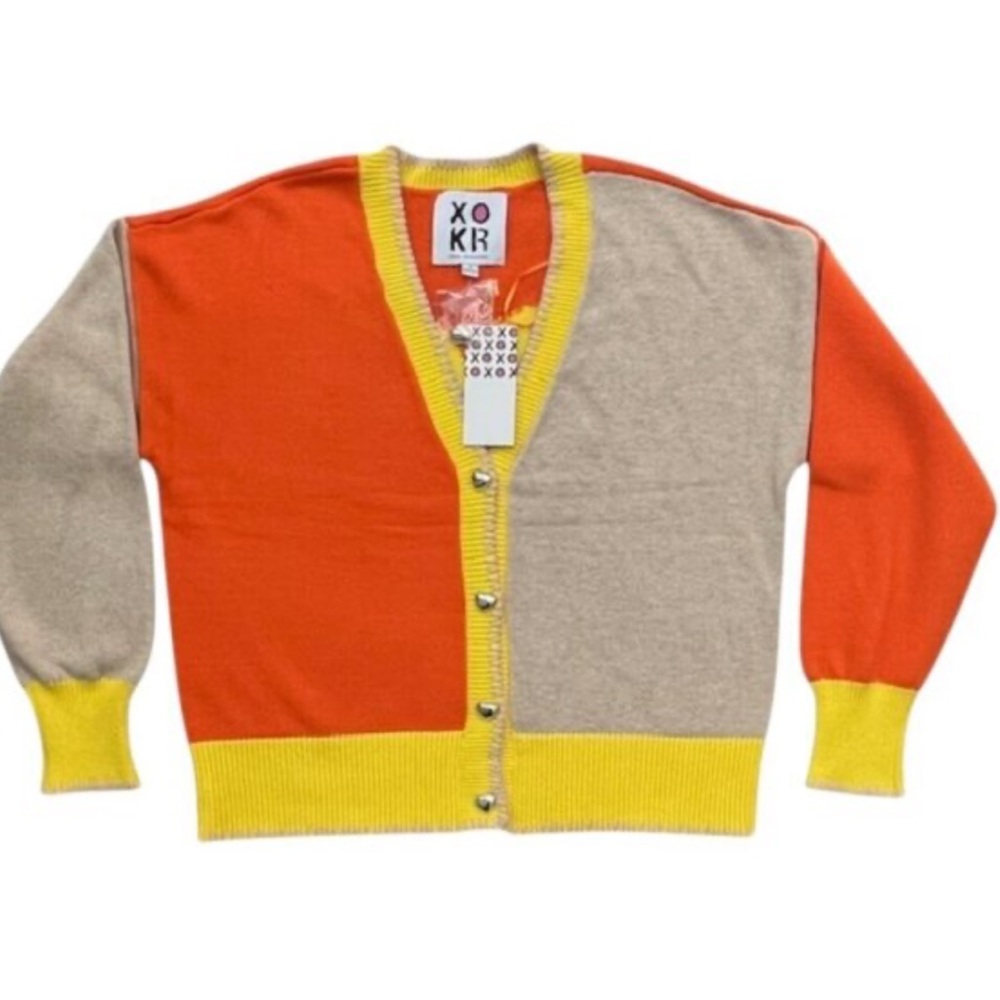 XO/KR Colorblock Orange & Beige Cardigan with Yellow Trim